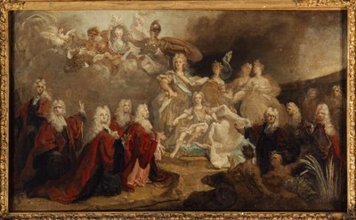 路易十五与西班牙王后玛丽-安娜-维克多尔订婚的寓言（1722 年），1722 年（布面油画） 作者 尼古拉斯·德（工作室）Largilliere