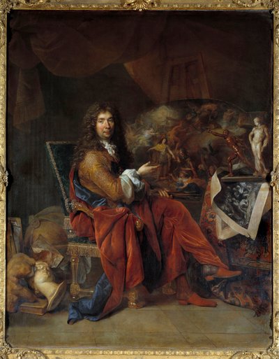 查尔斯·勒布伦 (Le Brun) (1619-1690) 的肖像，路易十四国王的第一位画家 尼古拉斯·德·拉吉利埃 (Nicolas de Lagilliere) (1656-1746) 的画作 2,32 x 1,81 m。 巴黎。 卢浮宫 作者 尼古拉斯·德·拉吉利埃
