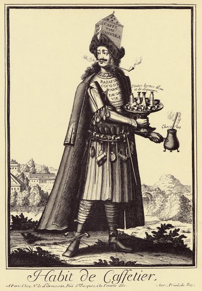 咖啡师："Habit de Caffettier"（咖啡师或咖啡商、巧克力、茶、利口酒）讽刺画，选自尼古拉斯-德-拉梅辛（1640-1725 年）的《怪诞服装》。 作者 尼古拉斯·德·拉梅辛