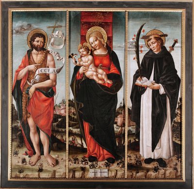 施洗者圣约翰和维罗纳的圣彼得之间的圣母与圣婴（Pietro Martire 或 Pietro da Verona，约 1205-1252 年）（圣母与施洗者圣约翰和维罗纳的圣彼得之间的圣母与圣婴）Triptyqye（三联画），尼科洛-达-克雷莫纳绘制 作者 尼科洛·达克雷莫纳