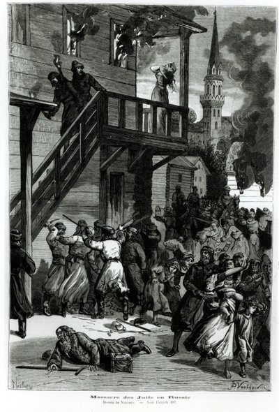 屠杀犹太人在俄罗斯，由古斯塔夫·沃尔金（1880年至1890年）在Le Journal Illustre雕刻，1881年6月（bw照片） 作者 尼尔森