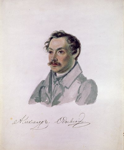 Portrait du poete et decabriste Comte Alexander I.Odoevsky (1802-1839) (decabrism) （诗人、十二月党人亚历山大-奥多耶夫斯基伯爵肖像）。尼古拉-亚历山德罗维奇-贝斯图热夫（1791-1855 年）的画作。纸面水彩画，22.2 x 17.8 厘米 作者 Nikolai Alexandrovich Bestuzhev
