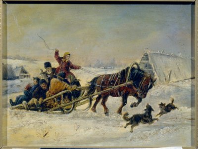狂欢节（shrovetide）。(庆祝活动结束后，一位妇女用她的马拉雪橇陪伴醉汉们回家）。尼古拉-叶戈罗维奇-斯维奇科夫（Nikolai Yegorovich Sverchkov，尼古拉-斯韦尔奇科夫）（1817-1898 年）的画作，布面油画。俄罗斯艺术 作者 尼古拉·叶戈列维奇·斯维尔奇科夫