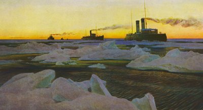 克拉辛号 "破冰船引领船只穿越北极冰层（彩色石版画） 作者 尼古拉（Nikolai Evlampievich Bublikov）