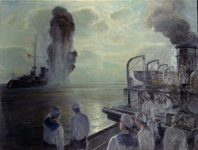 1917 年俄国革命：1918 年 6 月 18 日黑海舰队自沉。尼古拉-叶维扬皮耶维奇-布布利科夫（1871-1942 年）的画作，布面油画 作者 尼古拉（Nikolai Evlampievich Bublikov）