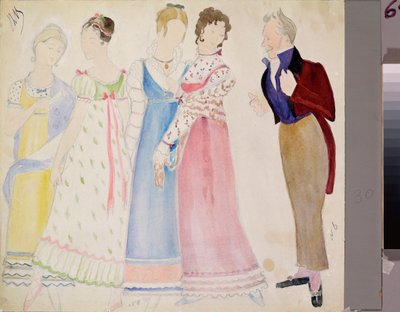彼得·柴可夫斯基（Piotr Tchaikovsky，1840-1893 年）歌剧《尤金·奥涅金》的准备服装，一名男子和四名年轻女子（P 柴可夫斯基歌剧《尤金·奥涅金》的服装设计） - 尼古拉·帕夫洛维奇·乌里扬诺夫（Oulianov）的作品（1875 年） -1949），蜡笔和 作者 Nikolai Pavlovich Ulyanov