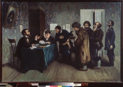 省级仲裁法院。日常司法场景。尼古拉-彼得洛维奇-扎戈尔斯基（1849-1893 年）的画作，布面油画 作者 尼古拉·彼得罗维奇·扎戈尔斯基