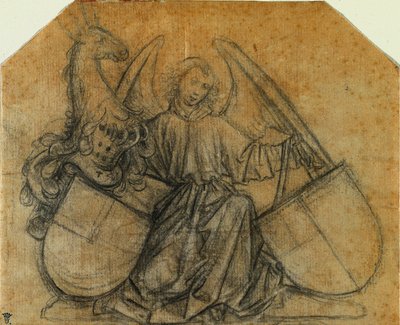 支持两个盾牌的天使c。 1470。 作者 尼古拉斯·格海特·冯·莱顿