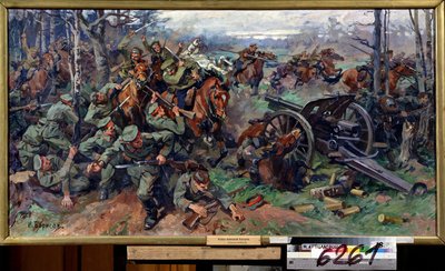 1915 年，俄罗斯骑兵向德国炮兵发起冲锋。 尼古拉·雅科夫列维奇·鲍里索夫（Nikolai Yakovlevich Borisov，1873-1942）的绘画。 布面油画，75 x 142 厘米，20 世纪初的俄罗斯艺术。 国家中央炮兵 作者 尼古拉·雅科夫列维奇·鲍里索夫（Nikolay Yakovlevich Borisov）