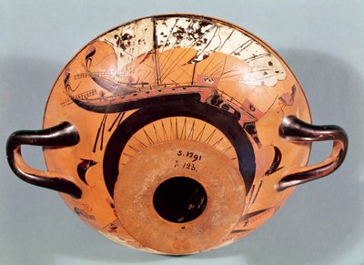 描绘希腊帆船的阁楼黑图杯，公元前520年（陶器） 作者 尼古丁