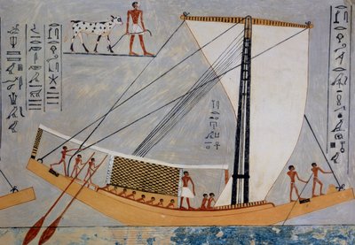 帆船和桨》，第 4 王朝吉萨卡姆隆赫六世墓壁画的复制品，图版选自《古埃及绘画》，作者妮娜-戴维斯 作者 尼娜·德·加里斯·戴维斯