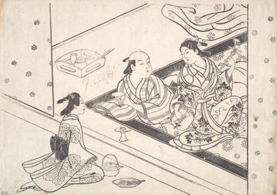 弹奏三味线的女士，她的爱人和随从就在旁边。 作者 西川助信
