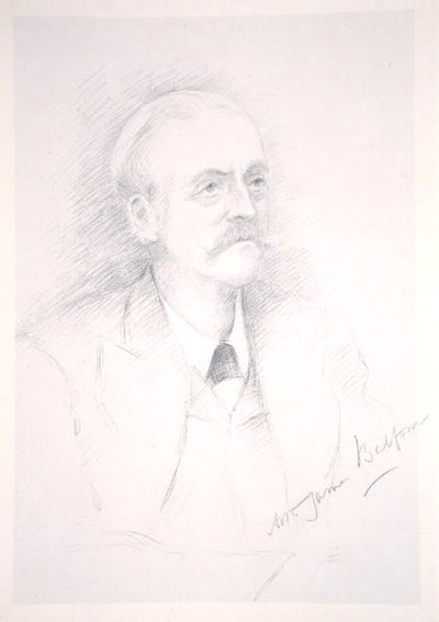 阿瑟-詹姆斯-贝尔福爵士（1848-1930）的画像，来自于一本关于协约的相册。 作者 诺埃尔·多维尔（Noel Dorville）
