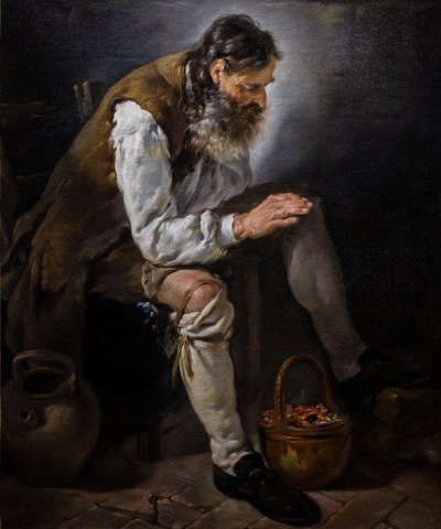 冬天在火炉旁暖手的老人，约 1747 年（布面油画） 作者 诺埃尔·哈勒（Noel Halle）