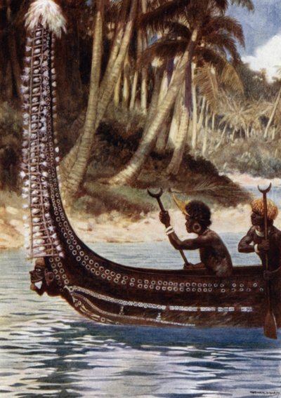 A Canoe showing the "Totoishu," New Georgia, Solomon Islands (colour litho) 作者 诺曼·哈迪