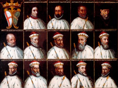 Coat of arms of the Republic of Genes and portraits of the Doges - Simone Boccanegra, Ottaviano Fregoso e Antoniotto II Adorno; Andrea Doria. Oberto Cattaneo Lazzari, Battista Spinola, Battista Lomellini, Cristoforo Grilaldi Rosso, Giovanni Battista Doria  作者 北意大利学校