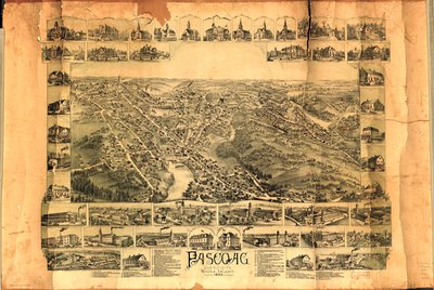 鸟瞰图。浮雕以图片形式展示。包括景点索引和 45 幅建筑物彩色照片。还可通过美国国会图书馆网站获取光栅图像。副本不完善：有污渍、变黑、变脆、撕裂、有折痕、装裱在 作者 哦，贝利和公司。