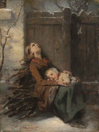 在冬天，Destitute死去的母亲抱着她熟睡的孩子，c。 1850年。 作者 八度塔萨特