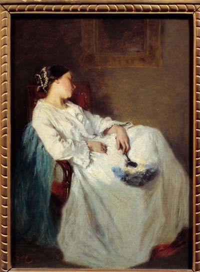 Octave Tassaert (1800-1874) 19 世纪太阳画作《沉睡的坐着的女人》。 0,32 x 0,24 m 作者 八度塔萨特