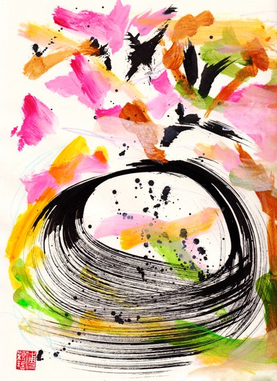 莫扎特《爱之颂》花卉水墨抽象画，2021 年（宣纸上的水墨和色彩） 作者 傅维仪