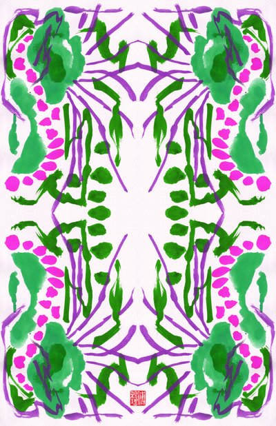 孔雀绿粉色花卉图案，2023（纸上水粉画，数字） 作者 傅维仪