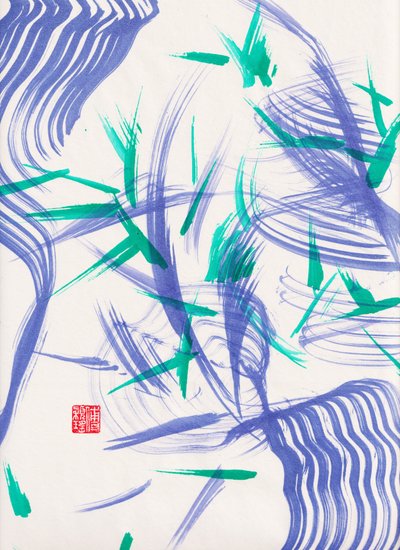 禅意绿竹抽象 2，2020 年（宣纸上的丙烯画） 作者 傅维仪