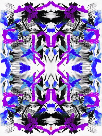 禅墨蓝紫色花卉图案，2023（纸上丙烯，数码） 作者 傅维仪
