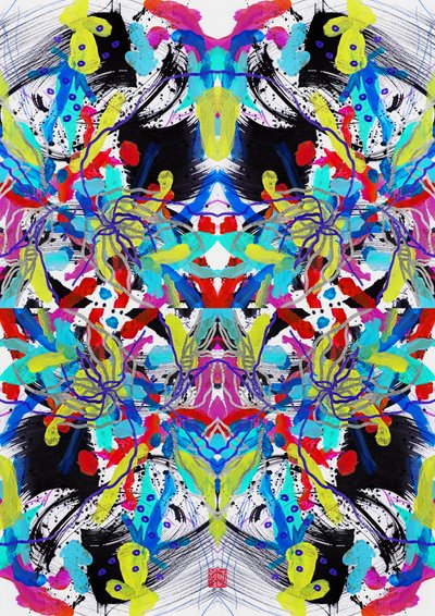 禅墨蓝红黄绿花卉图案，2023 年（纸上丙烯，数码） 作者 傅维仪