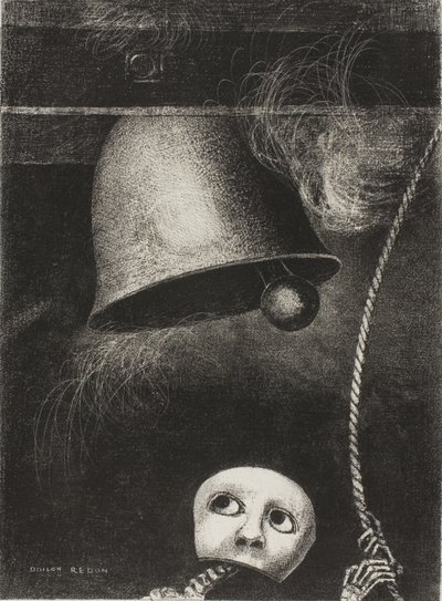 面具敲响丧钟》，选自《致埃德加-坡》的第三幅画 作者 奥迪隆·雷顿（Odilon Redon）