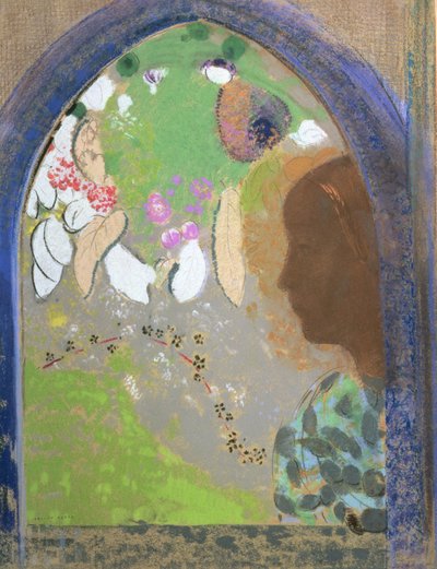 1912年左右，《窗边的女人的个人资料》（卡片上的粉彩） 作者 奥迪隆·雷顿（Odilon Redon）