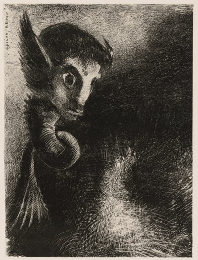 奇美拉恐惧地注视着万物，来自黑夜 作者 奥迪隆·雷顿（Odilon Redon）