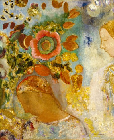 两个年轻女孩在花丛中，1912年 作者 奥迪隆·雷顿（Odilon Redon）