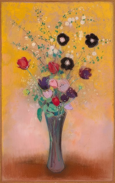 有花的花瓶。 1916年 作者 奥迪隆·雷顿（Odilon Redon）