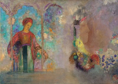 Woman in a gothic arcade - Woman with flowers - Peinture de Odilon Redon(1840-1916) 作者 奥迪隆·雷顿（Odilon Redon）