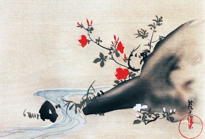 杜鹃花和溪流，扇形画上的挂轴，由绪方康仁（1658-1716）绘制，江户时代（1603-1868），日本 作者 绪方光琳