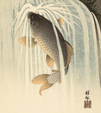 瀑布下的鲤鱼》，日本艺术家 Ohara Koson 创作 作者 大原功臣