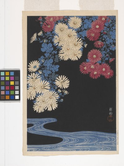菊花与溪流（彩色木刻版画） 作者 大原功臣
