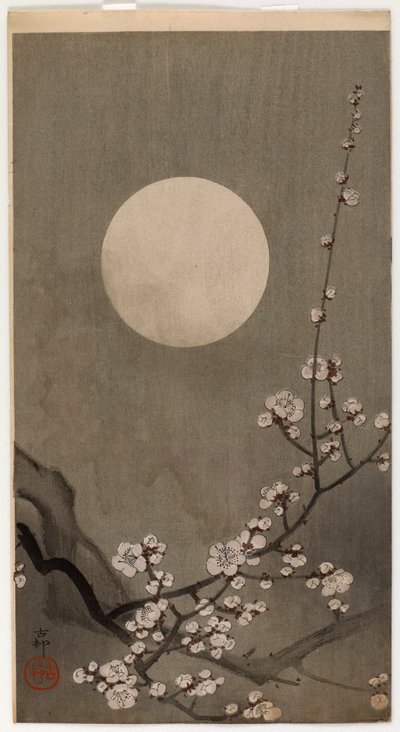 开花的梅花和月亮（彩色木版画） 作者 Ohara Koson