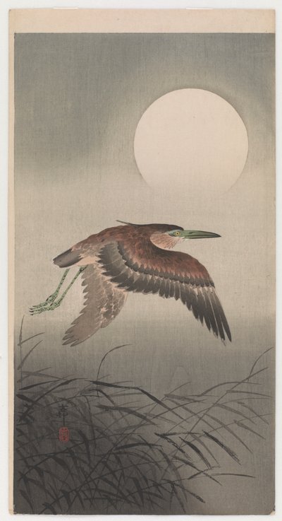 飞翔的苍鹭和满月（彩色木版画） 作者 大原功臣