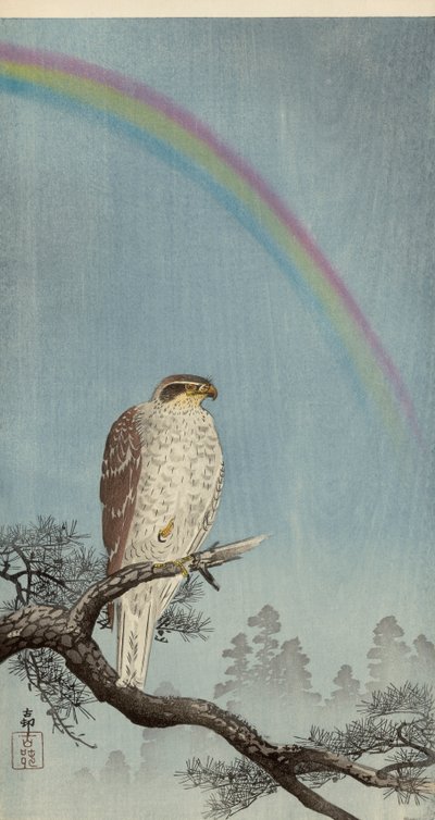 松树上的苍鹰，上面有彩虹（彩色木版画） 作者 大原功臣