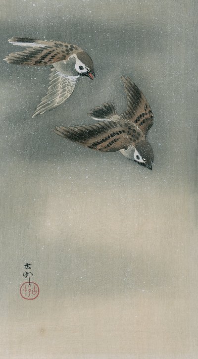飞行中的麻雀（彩色木版画 作者 大原功臣