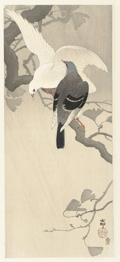 树枝上的两只鸽子 作者 大原功臣