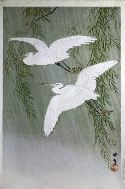两只苍鹭自由飞翔，1907年（彩色木刻） 作者 大原功臣