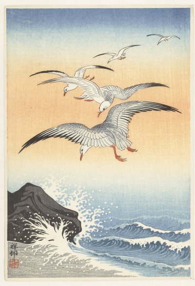 五只海鸥掠过波涛汹涌的大海 作者 大原功臣