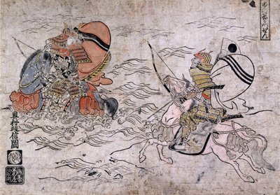 一之谷之战期间，两名敌对武士之间的战斗。 奥村正信的纸上绘画，约 1720 年。 作者 奥村昌信
