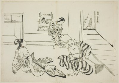 鞍马山的儿童侍者和秃头天狗（鞍马天狗卡布罗），选自描绘戏剧模仿的 12 幅版画系列中的第 7 幅 作者 奥村昌信
