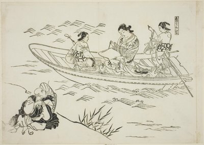 江口和爱的渔船》（Koi no tsuribune Eguchi），第 4 号。12 幅模仿戏剧的版画系列中的第 4 幅 作者 奥村昌信