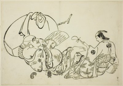 Hotei Reading a Book》，12 幅版画系列中的第 11 幅 作者 奥村昌信