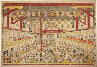 歌舞伎舞台上的熏见世表演大透视图（Shibai kyogen butai kaomise o uki-e） 作者 奥村昌信