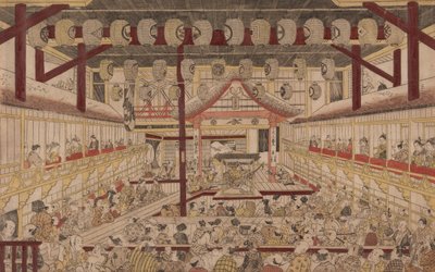 中村剧院内部的透视图，市川Ebizo II饰演Yanone Goro，1740年 作者 奥村昌信